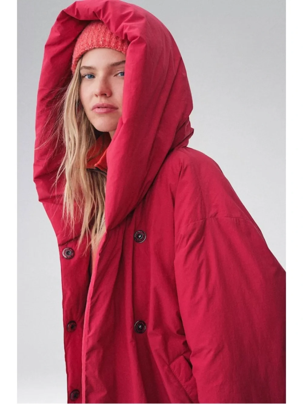 Free People Cozy Cloud Puffer Jacket Size XS Cherry Tomato Hooded Button Front